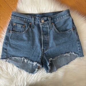 Levi’s 501 Button Fly High-Rise Striped Cut-Off Frayed Shorts